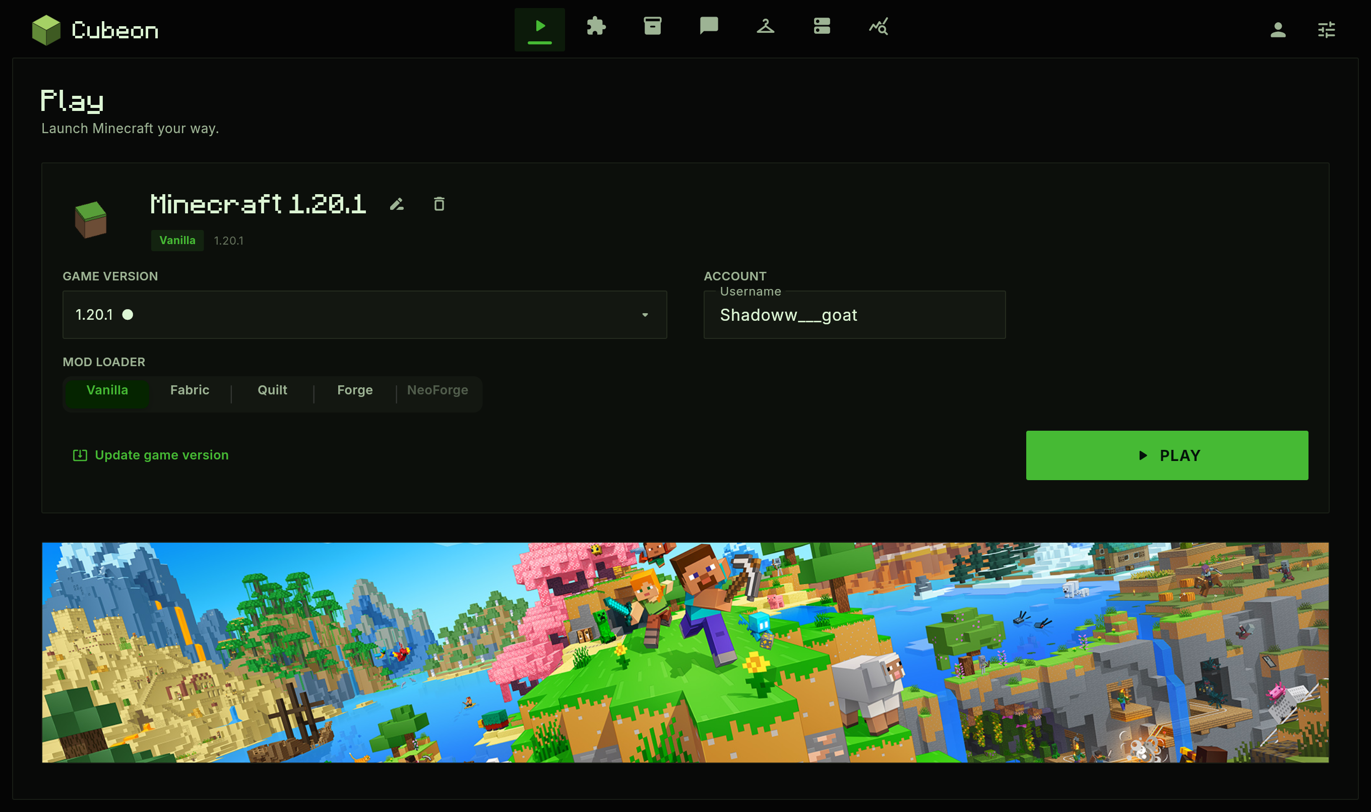 The Cubeon launcher window: a Minecraft profile, a version picker, a mod loader row and a big green Play button.